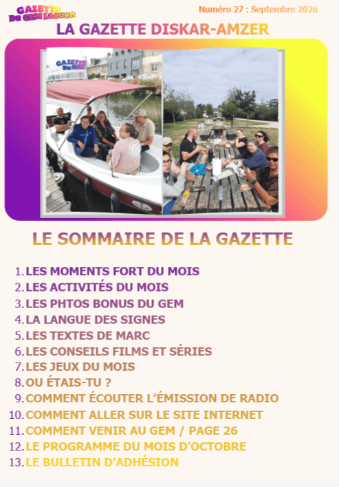 Un aperçu d'une gazette avec un sommaire, incluant des images de personnes sur un bateau et à une table.